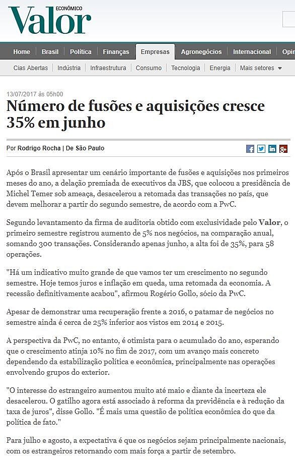 Nmero de fuses e aquisies cresce 35% em junho